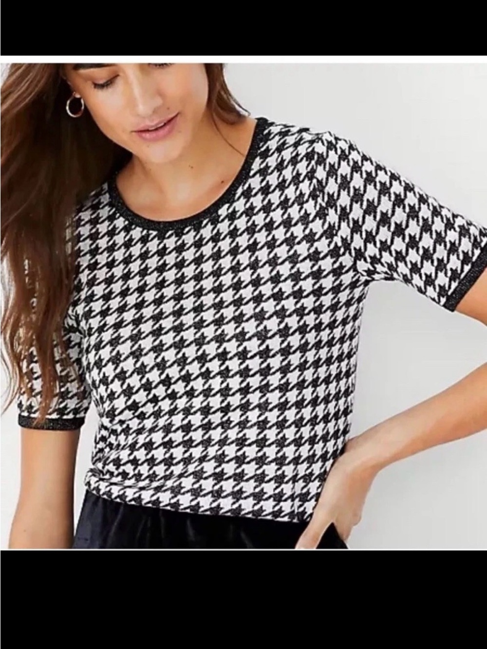 Ann Taylor XS Black White Houndstooth Blouse